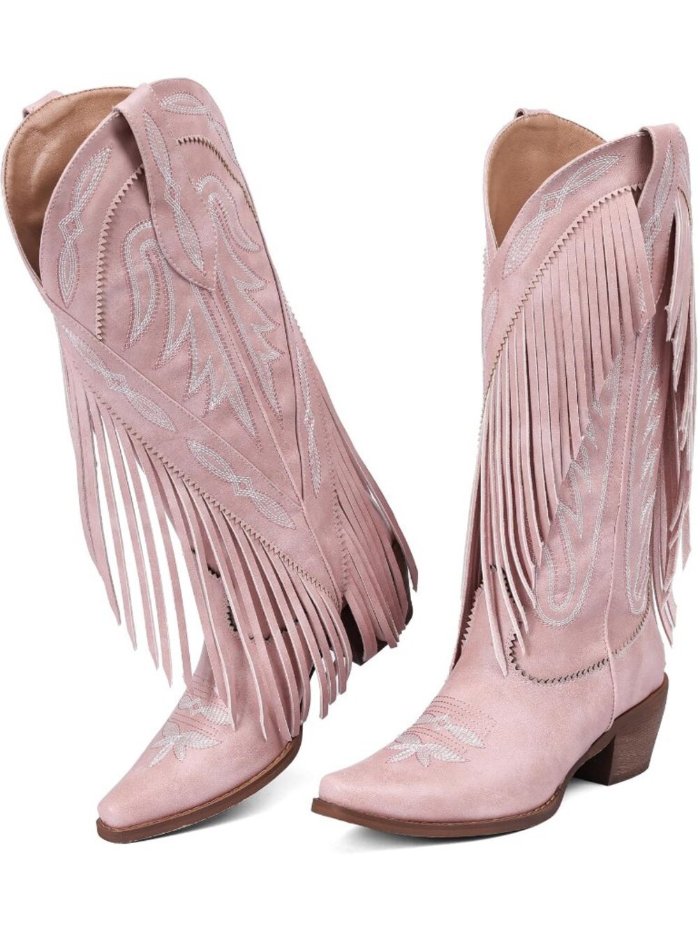 Women's Pink Retro Pointed Toe Pull On Block Chunky Heel Embroider Cowgirl Boot